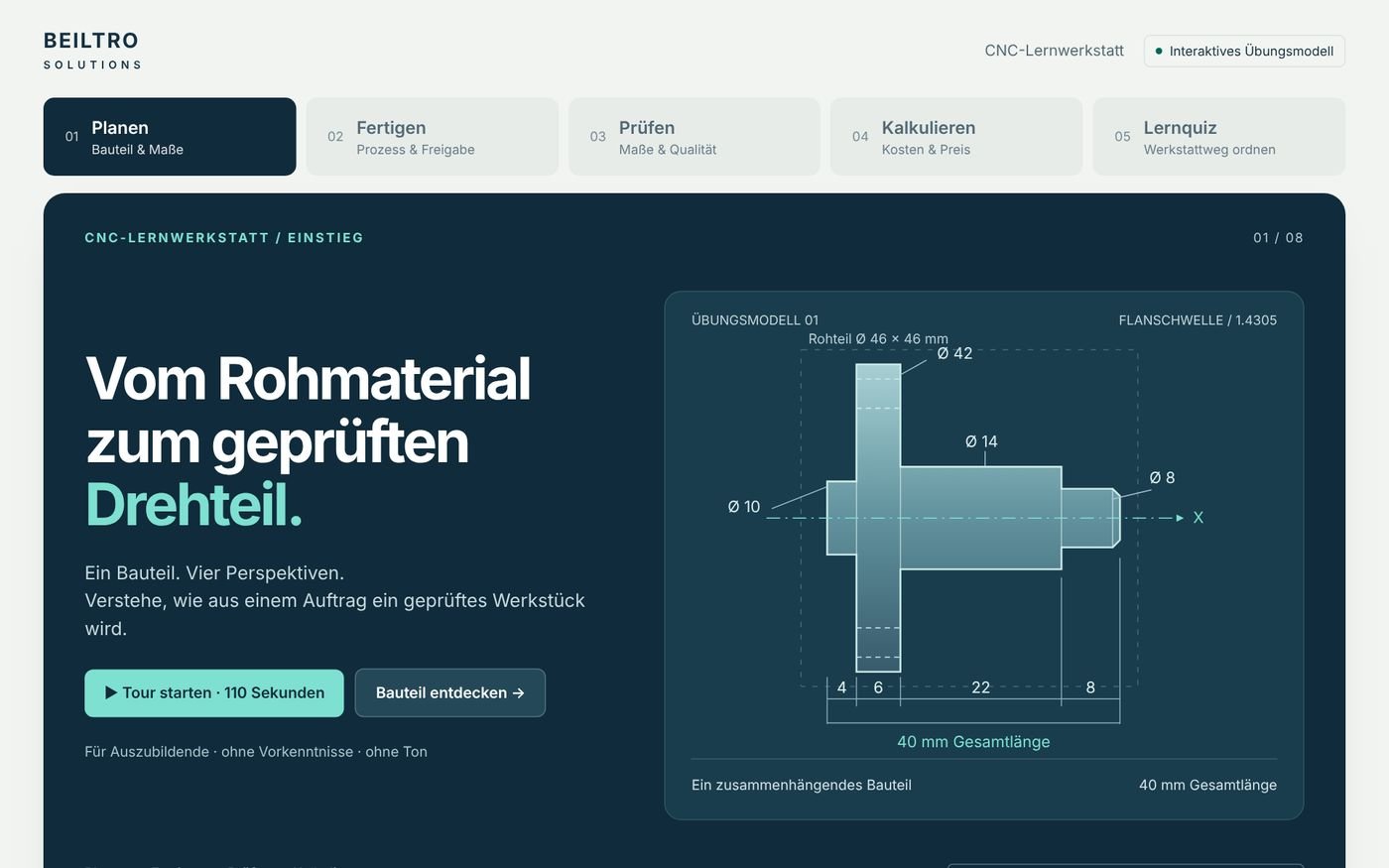 Bildschirmfoto der CNC-Lernwerkstatt mit Kapitelleiste und der Überschrift Vom Rohmaterial zum geprüften Drehteil neben einer Bauteilzeichnung
